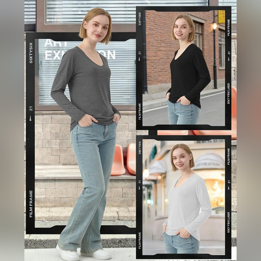 3-Pack V-Neck Long Sleeve Tops Size L NWT Soft Basic Casual Set Black Gray White - Picture 5 of 5